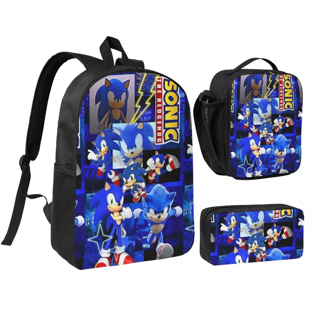 Zaino Soniced 3pecs/set per studenti Sonizi Cartoon Borsa a tracolla per scuola superiore Borsa per il pranzo Astuccio