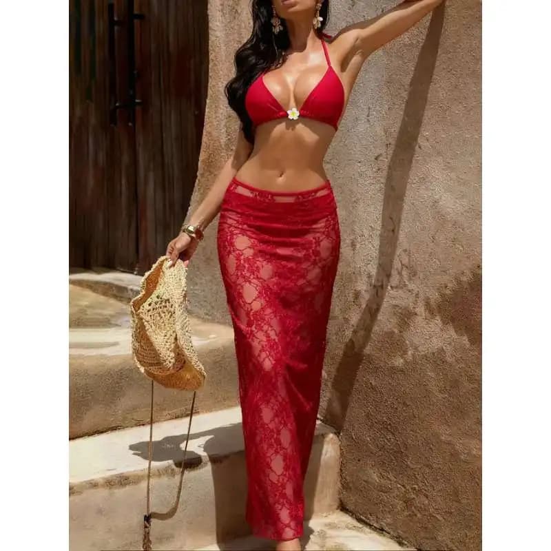 Costume da bagno bikini sexy con scollo a V da donna, tre pezzi, rosso, in pizzo trasparente, con vestito e camicetta