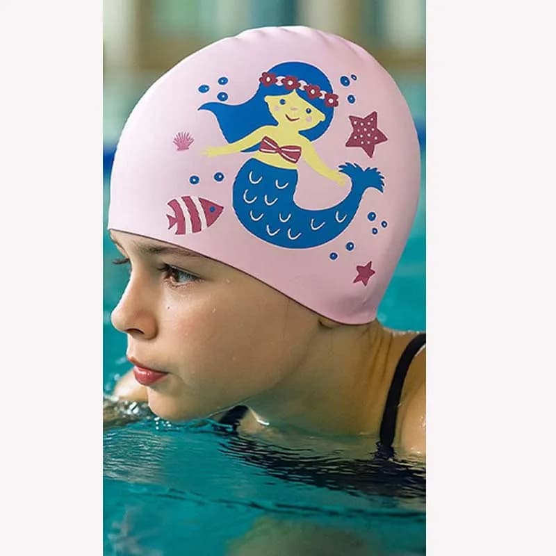 Silicone swim cap for children, pink swim cap with star print and frosted edge for girls, waterproof swim cap for boys