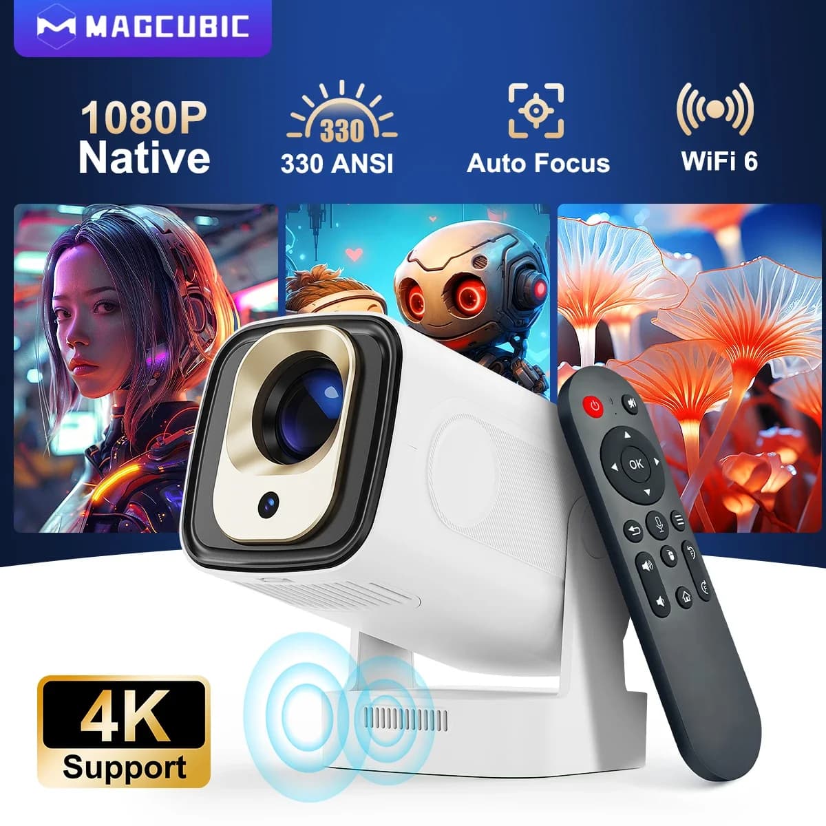Magcubic HY310 Mini Proiettore con Autofocus, 4K Nativo 1080P, 330ANSI, Android 11, Altoparlante 5W, Air Mouse, Assistente Vocale, Versione Aggiornata del HY300