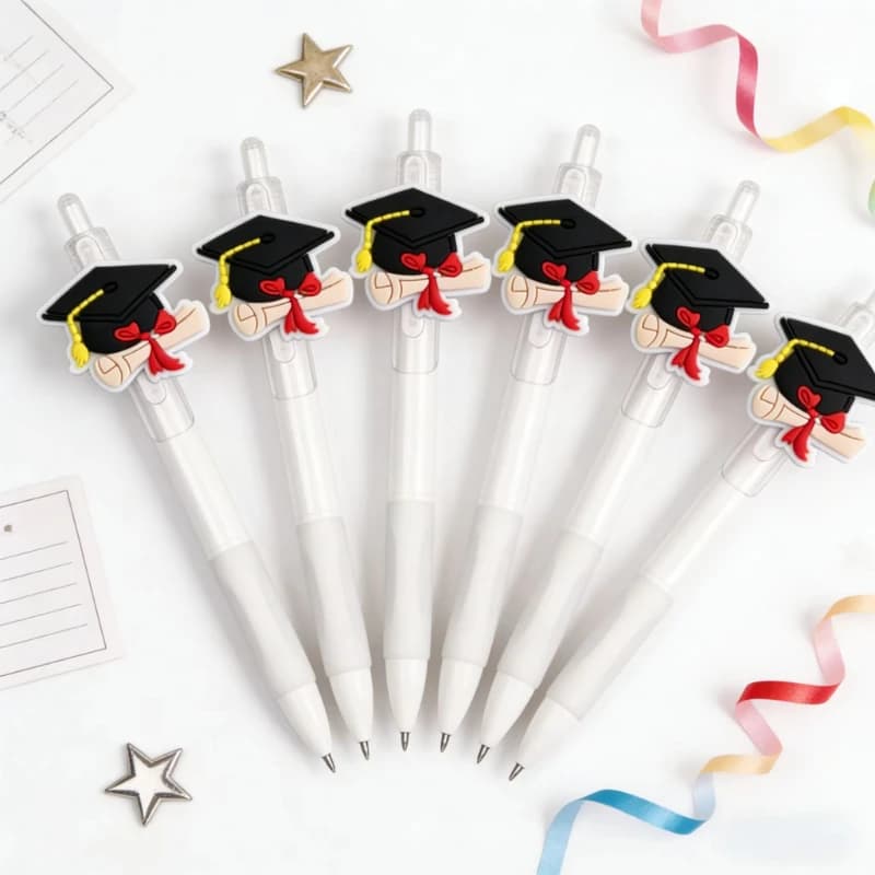 Set di penne per laurea da 5/10 pezzi, penne gel bianche con cappuccio decorato, regali per studenti della classe del 2026, articoli scolastici carini