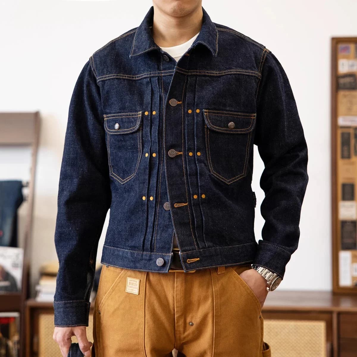 Giacca di jeans con cimosa rossa Tornado 11MJ Abbigliamento robusto da uomo Capispalla di jeans western sfoderato