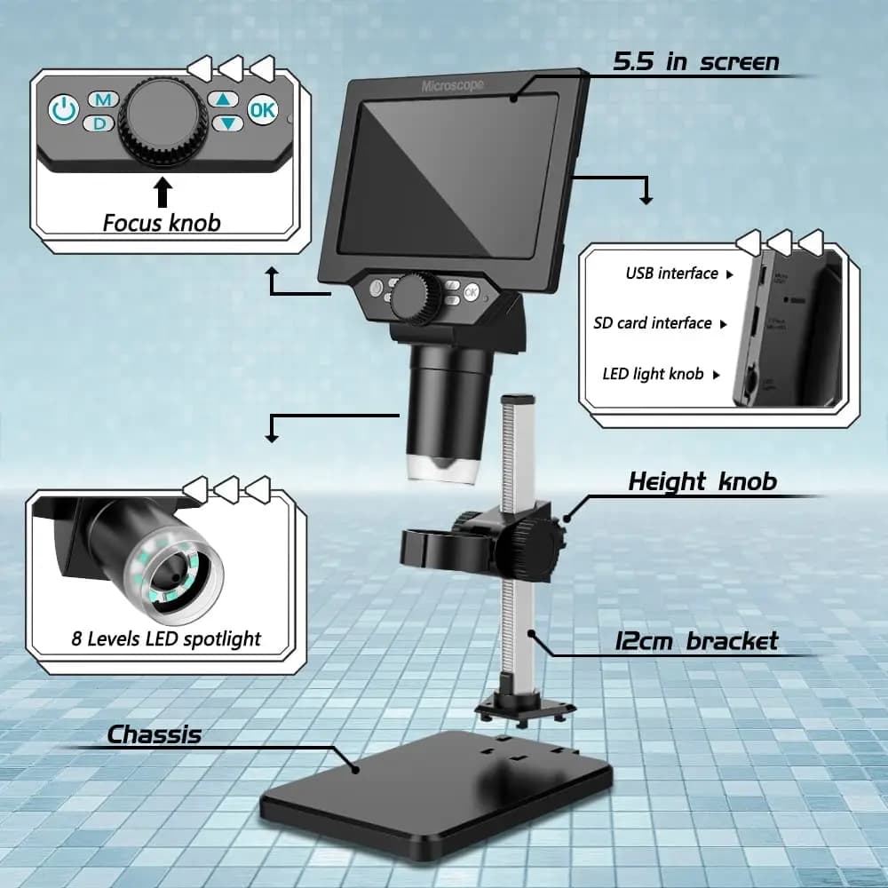 Videoregistratore per fotocamera con schermo HD da 4,3 '' 1080P 10 Megapixel, ingrandimento 1-1000X Zoom Microscopio digitale LCD stereo USB wireless