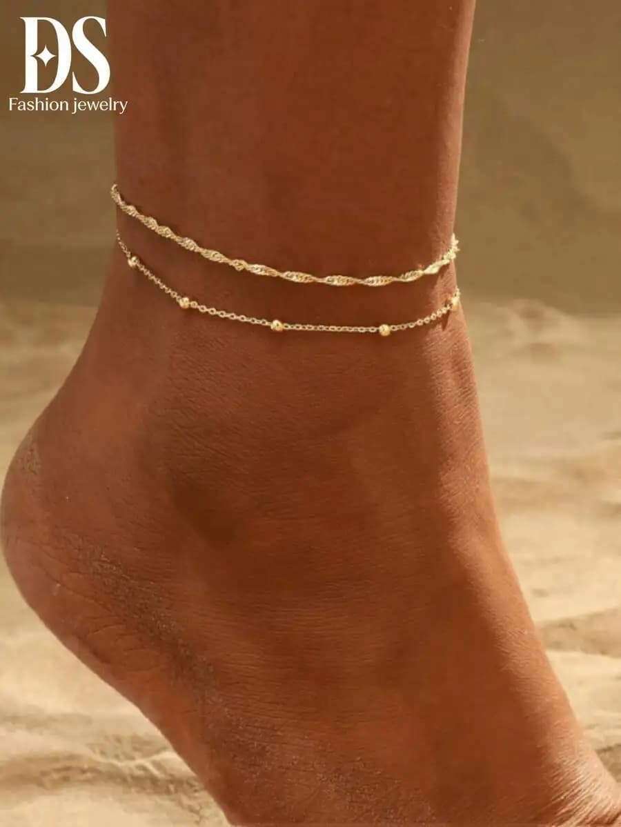 2pcs Women's Gold Cuban Link Chain Anklet & Bracelet Set, Waterproof Lightweight Summer Jewelry Gift, Anti-Tarnish