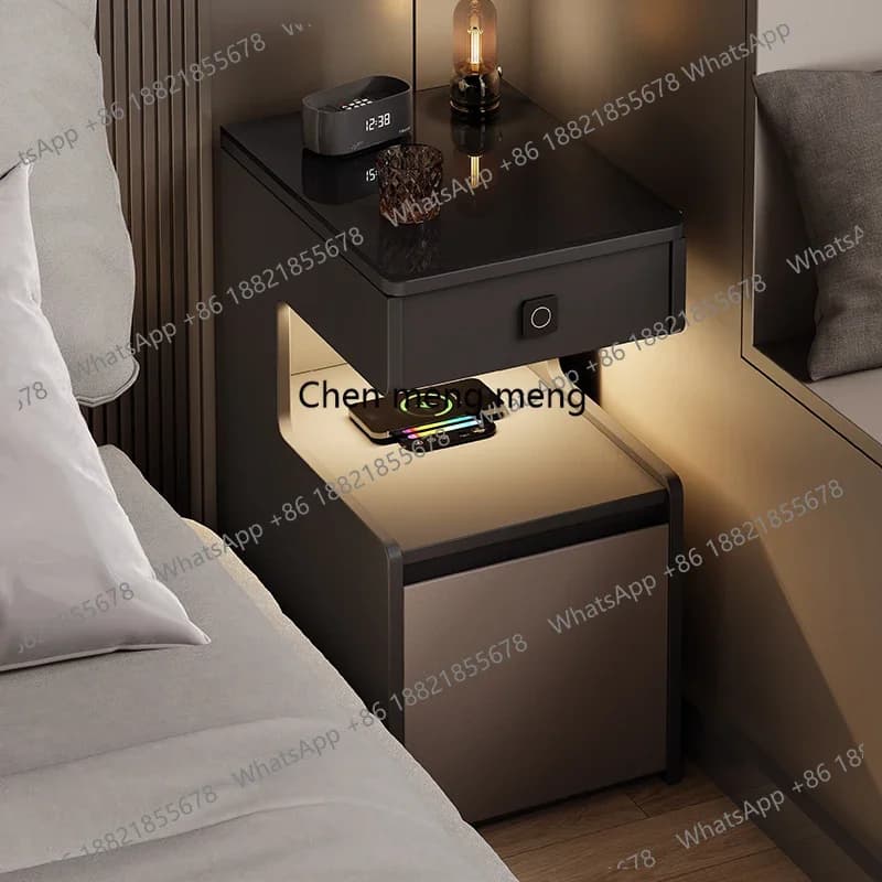 Comodino intelligente minimalista italiano ultra-sottile con serratura a impronta digitale, mobiletto contenitore e luce integrata