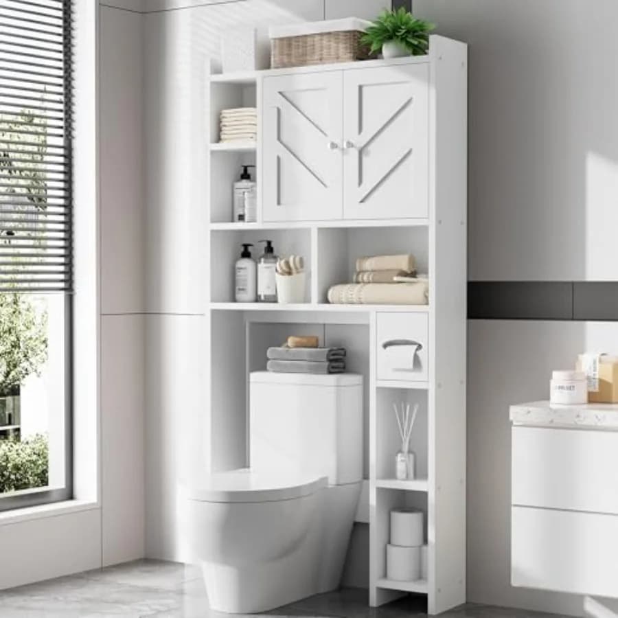 Mobiletto Salvaspazio da Bagno Sopra il WC, Organizzatore Autoportante con Ripiano Regolabile e Porta Carta Igienica, in Plastica Bianca