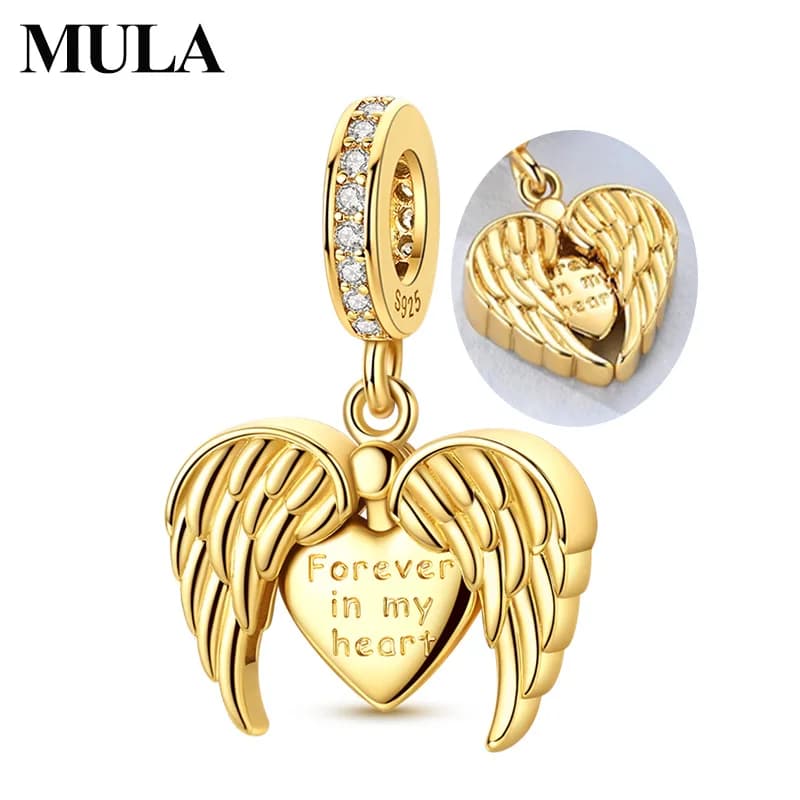 MULA 925 Sterling Silver Charms Winged Heart Openable Beaded Pendant Fit Original Bracelet Necklace Charm Women DIY Jewelry Gift