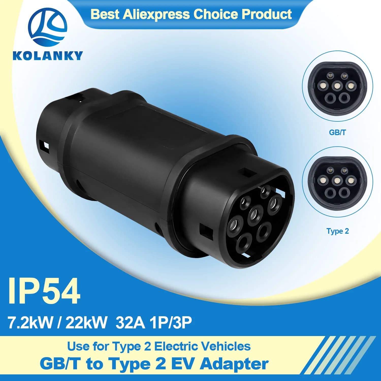 Kolanky GBT Type 2 32A 7.2KW-22KW EV Adapter for charger Home charging for hybrid cars for electric vehicles EU IEC 62169 Type 2