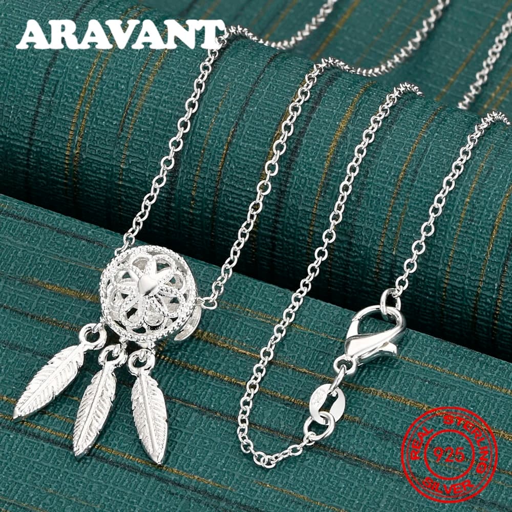 925 Sterling Silver Dreamcatcher Three-Leaf Pendant Necklace For Women, Commuter Accessory, Christmas Gift Jewelry