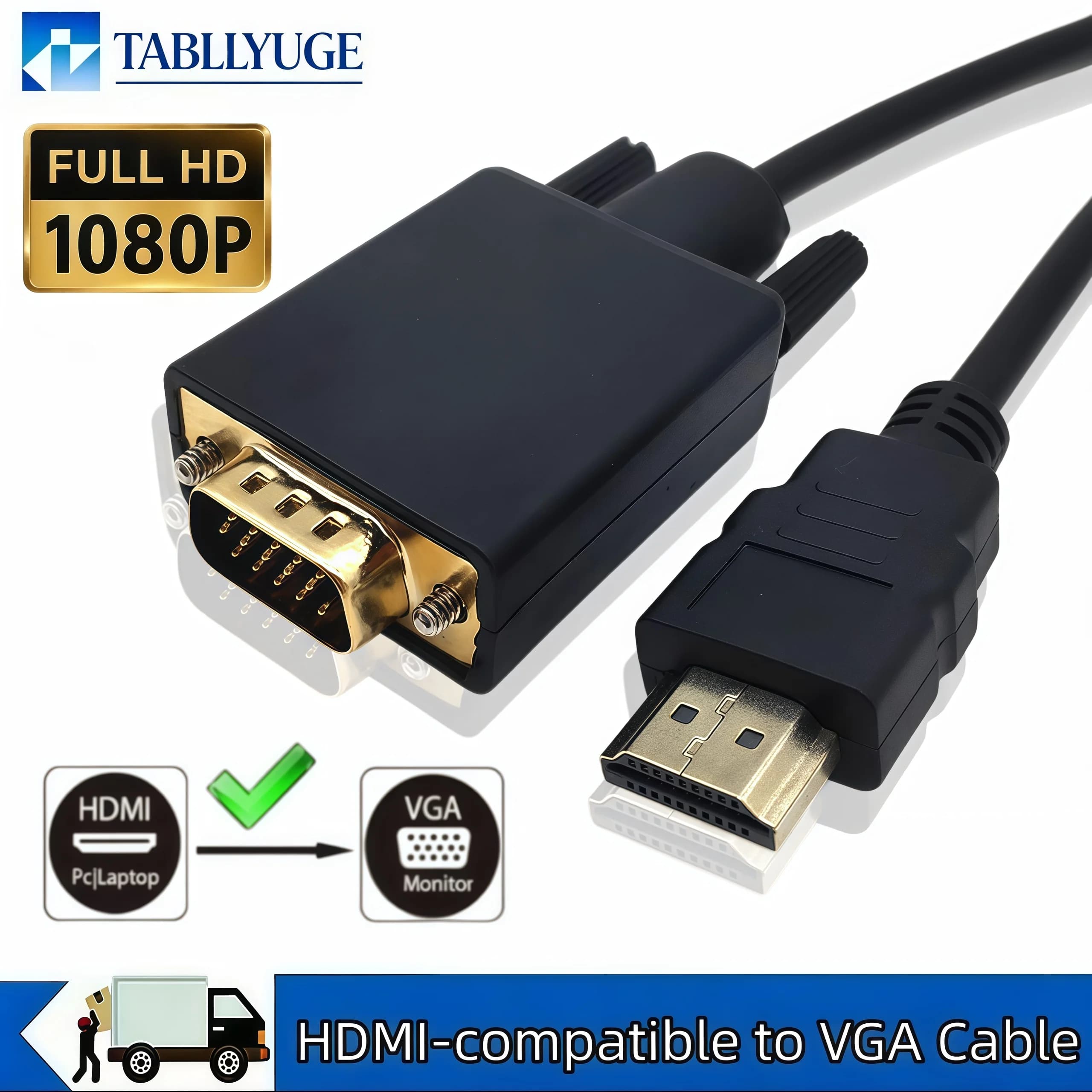 Adattatore da HDMI a VGA con Cavo Audio da 3,5mm 1,8M, Convertitore Video Full HD 1080P per PC, Laptop, TV, Monitor, Proiettore