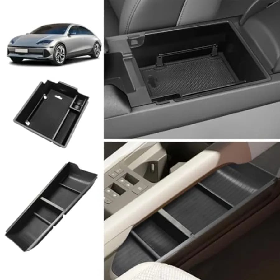 Scatola portaoggetti per bracciolo e vassoio organizer per console centrale inferiore con finiture in gomma nera compatibile con Hyundai Ioniq 6 S