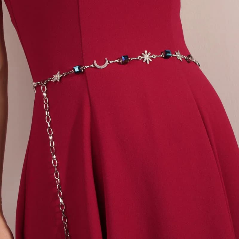 Catena in vita da donna con decorazione in cristallo di stella e luna, adornata con strass ed elegante metallo