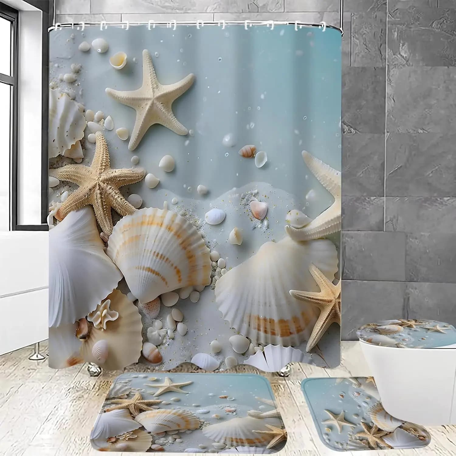 4Pcs Beach Grey Blue Shower Curtain Sets Sea Shell Bathroom Set Decor with Non-Slip Rugs Bath U-Shaped Mat Toilet Lid Cover