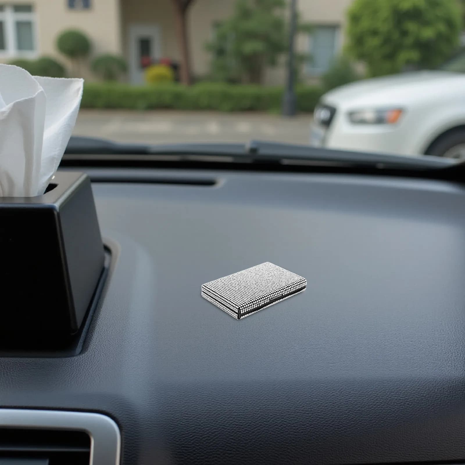 Slim Metal Business Card Case Rhinestone Pocket Holder Car Interior Portable Organizer for Business Travel Men Women White