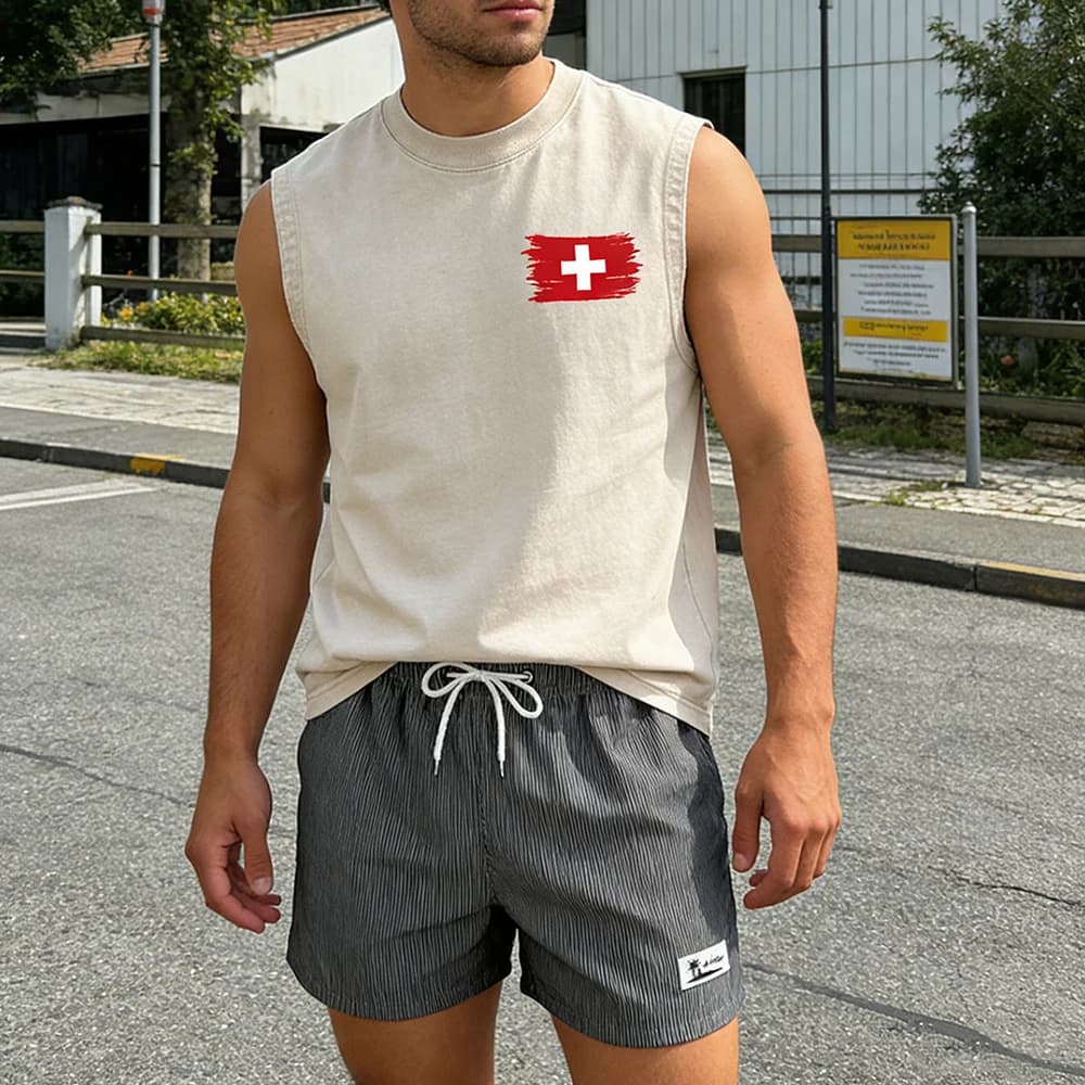 Men's Casual Outfit in 2 Pieces: T-Shirt Without Sleeves Vintage Effect and Shorts Quick Drying Bathtub with Banner Graphic Printing