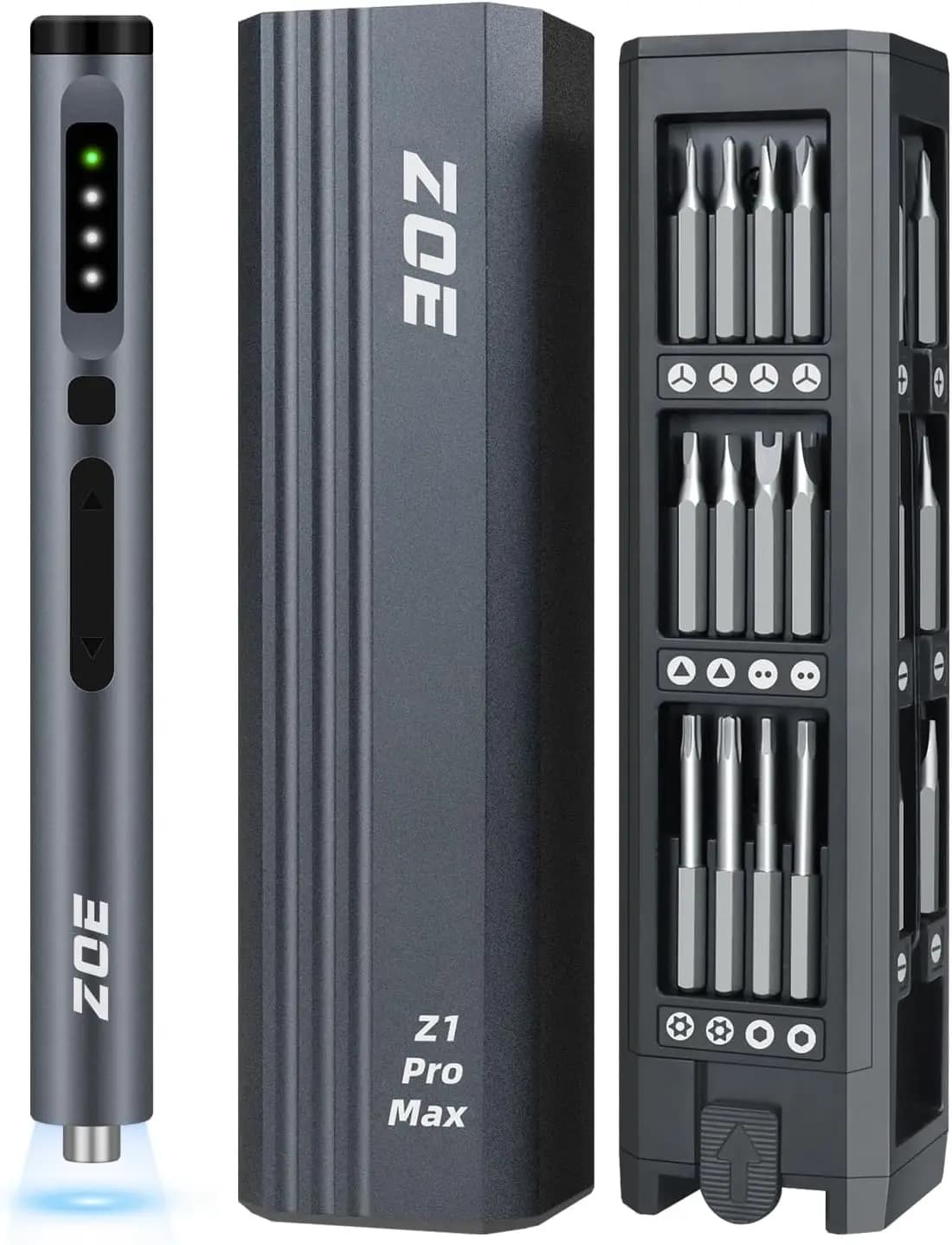 Set of mini electric screwdrivers with adjustable torque, magnetic case and 42 tips for electronic repairs