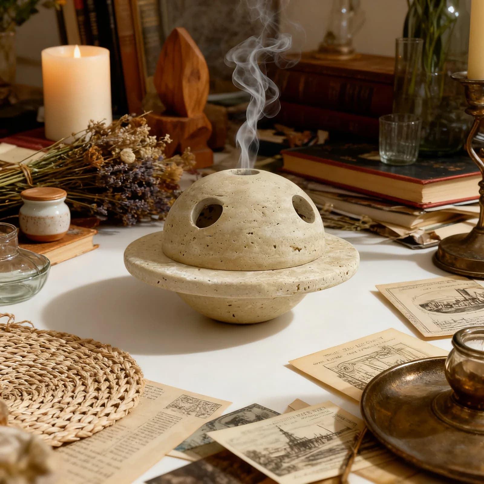Sfera aromaterapica a forma di astronave in travertino naturale, con centro per bruciare incenso a bastoncino, decorazione per la casa in stile Wabi-sabi