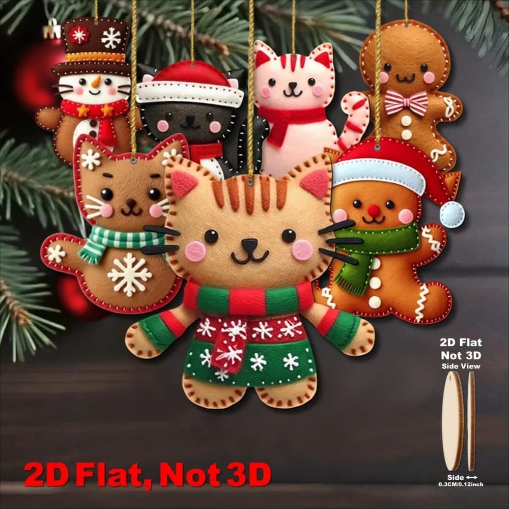 2D Flat 8pcs Gingerbread Cat Tree Toppers -Christmas Ornaments with Hanging Loop Artificial Wood Holiday Decoratio for Xmas Tree