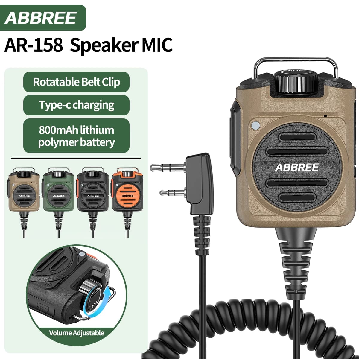 Microfono Altoparlante ABBREE AR-158 per Walkie Talkie, Volume Regolabile, Ricarica Type-C, Compatibile con Baofeng UV-5R Mini UV-21PRO UV-32 Radio Amatoriale