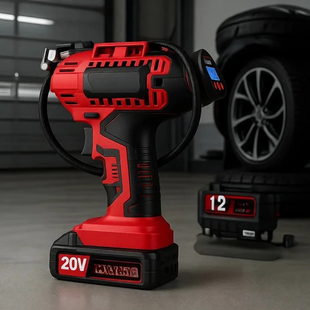 Compressore d'Aria Portatile Senza Fili con Batteria Ricaricabile e Adattatore 12V DC, Manometro Digitale