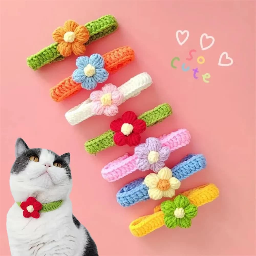 Necklace for dogs and cats crochet Kawaii Adjustable wool necklace Flowers Pet neck accessories Puppy Cats Knitted scarf Papillon Gift for pets
