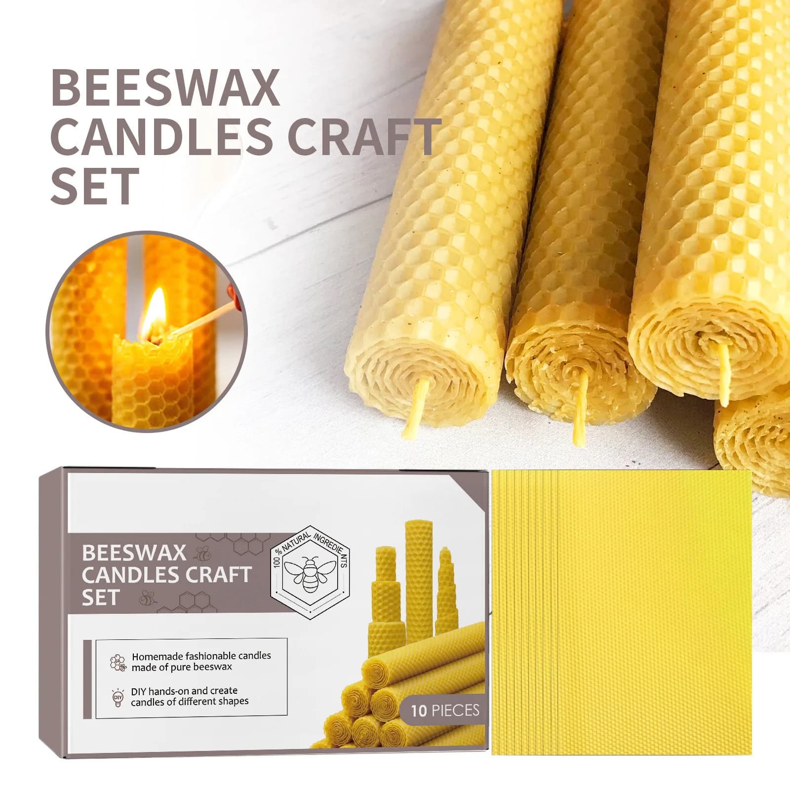 Set Regalo di 10 Fogli di Cera d'Api Premium per Creazione Candele Fai-da-Te, Profumo Naturale al Miele, Candela Artigianale Ecologica in Cera d'Api