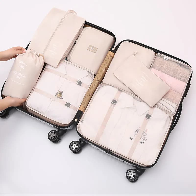 Set da Viaggio: Borse Organizer per Vestiti, Dispositivi Elettronici, Articoli da Toilette e Scarpe - Cubi da Imballaggio per Dormitori Studenteschi