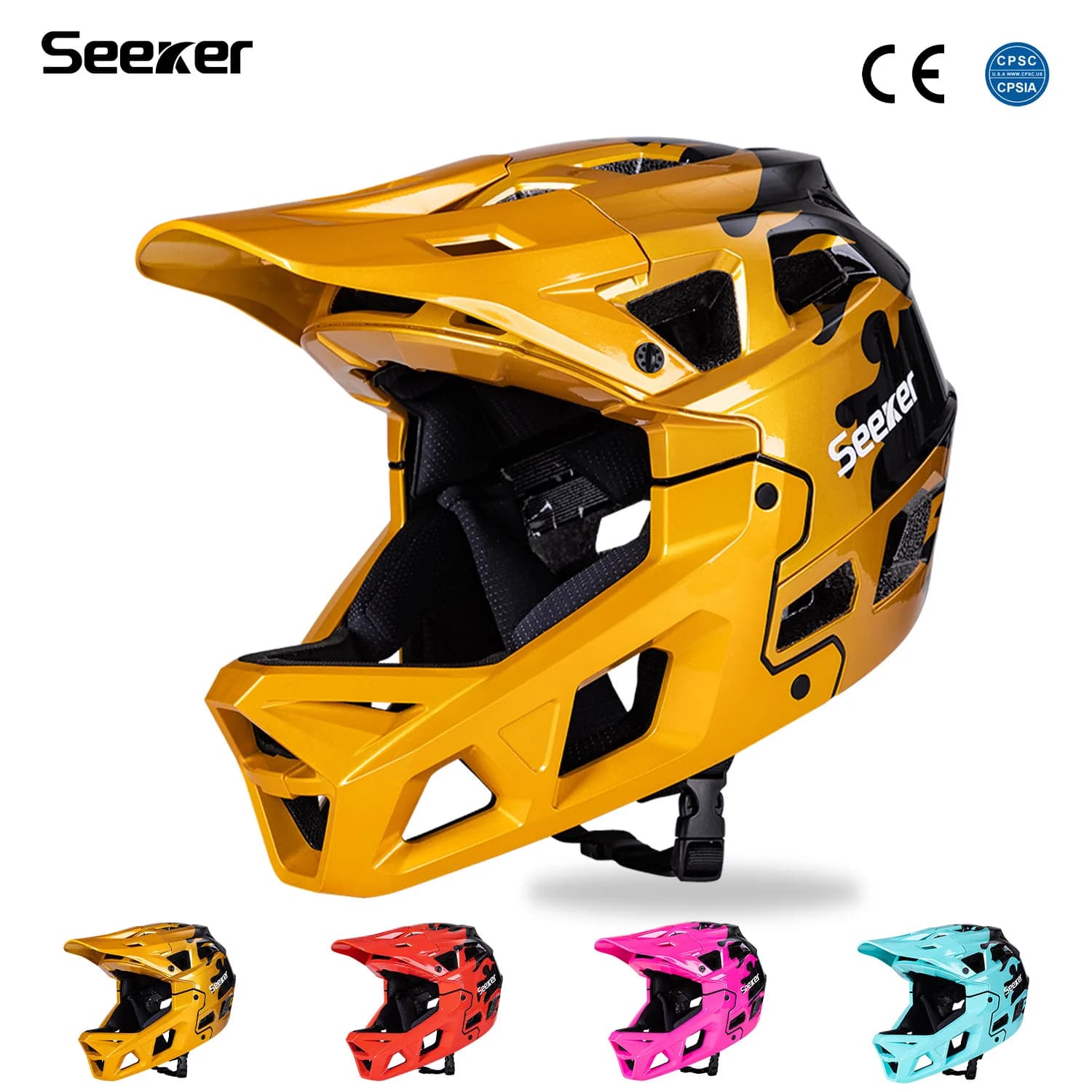 Bike helmet SEEKER, racing helmet on mountain road downhill, full off-road helmet with total cover in one piece