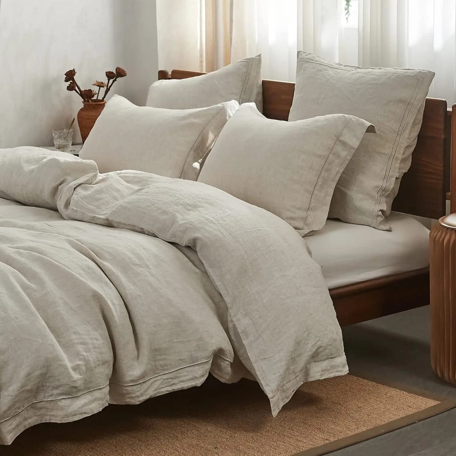 100% French Linen Cover Set with Embroidery, King Size - 3 Pieces, Breathable Rustic Style