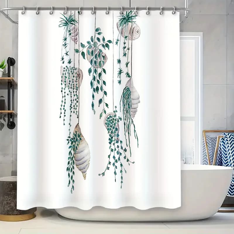 Tenda da doccia botanica con motivo a foglie di piante, tema naturale, arredamento per il bagno, sfondo floreale verde, tessuto impermeabile