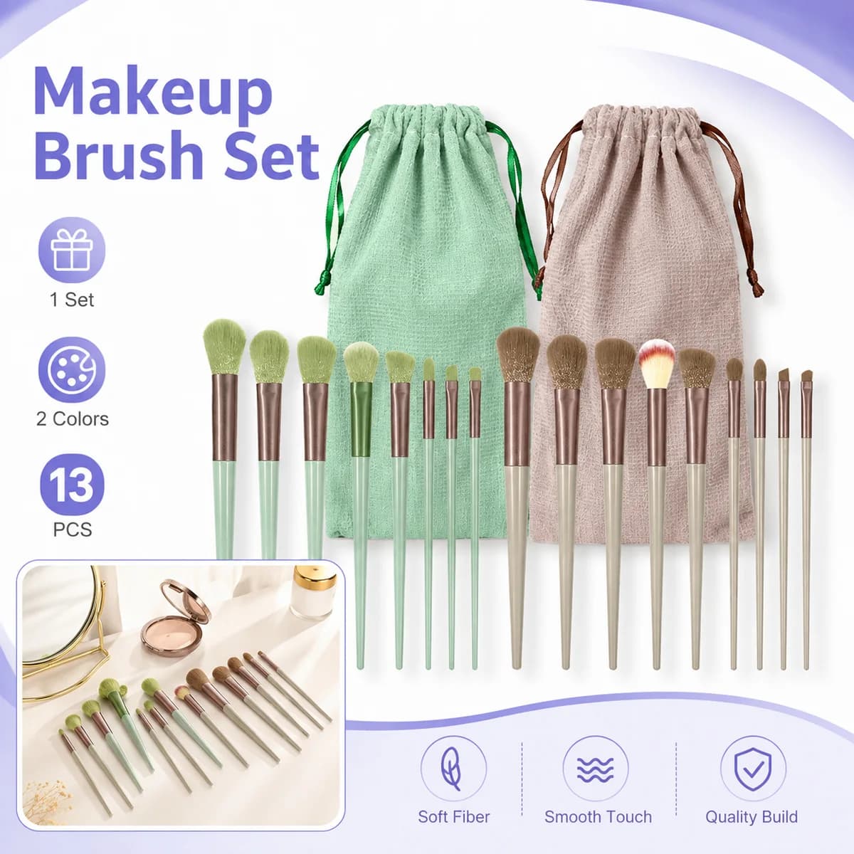 13PCS/set Face Makeup Brush Set Soft Skin‑Friendly Cosmetic Brushes For Foundation Blush Concealer Eyeshadow With Storage Bag
