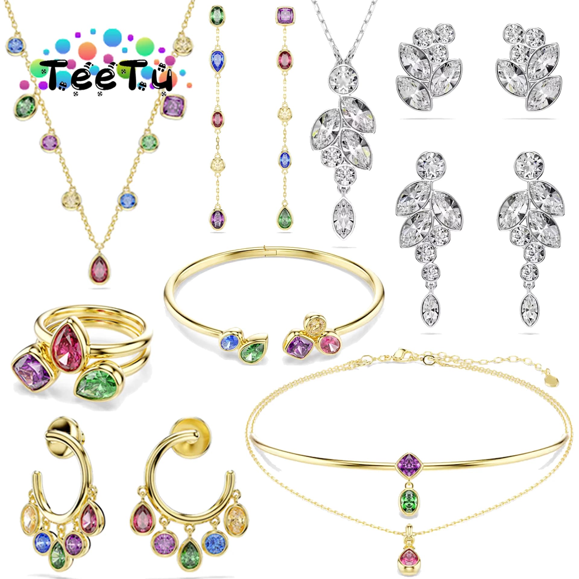 Original 2026 New Trend White Water Drop Crystal Necklace Rainbow Tassel Crystal Earrings for Women's Anniversary Jewelry Sets