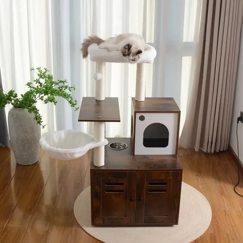 Wooden Indoor Pet Furniture Multiple Platforms Cat Tree Tower with Hidden Cabinet Cat Washroom Box Enclosure