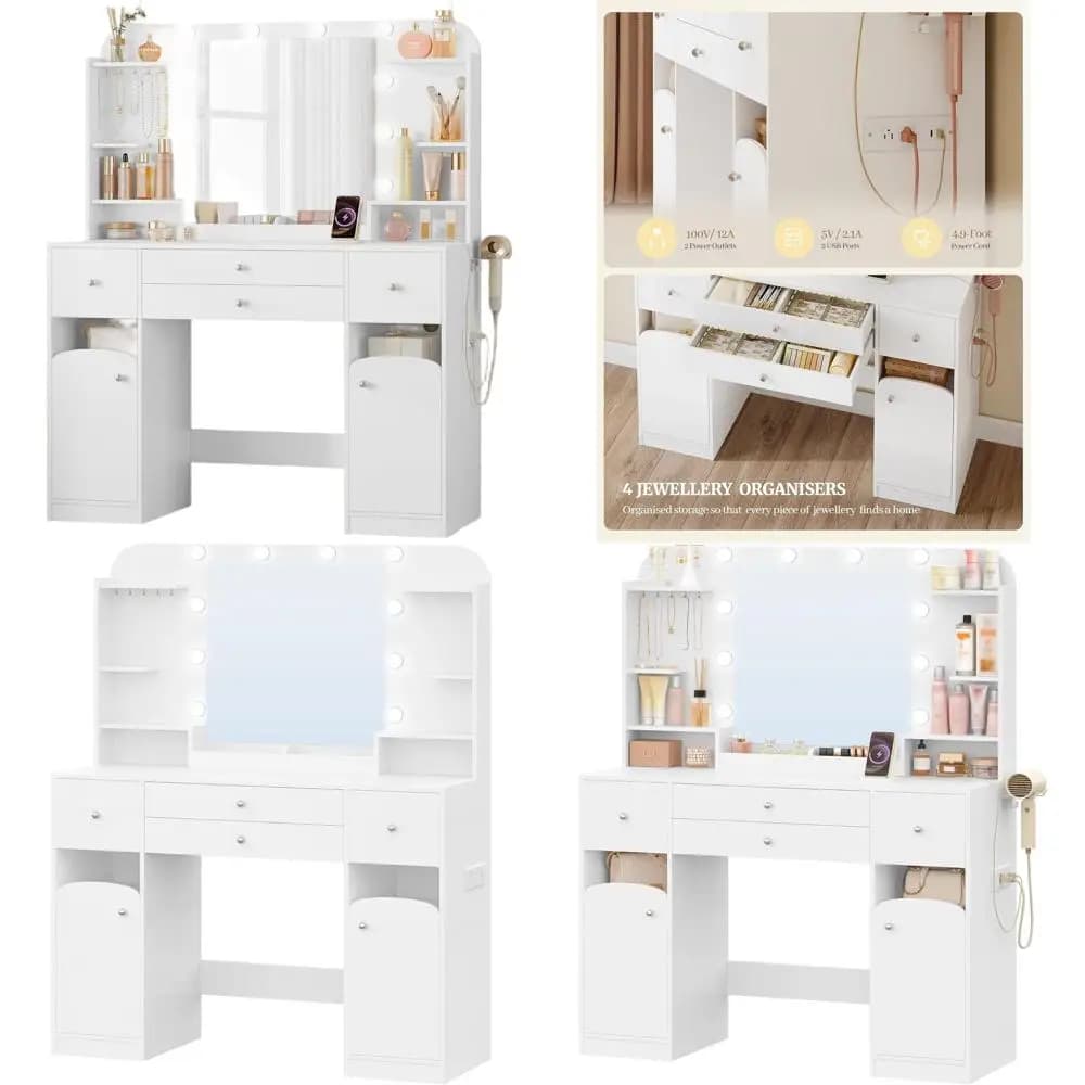 Large 42.5 white makeup desk with LED lights, 4 drawers, slippers, lockers and jewelry box