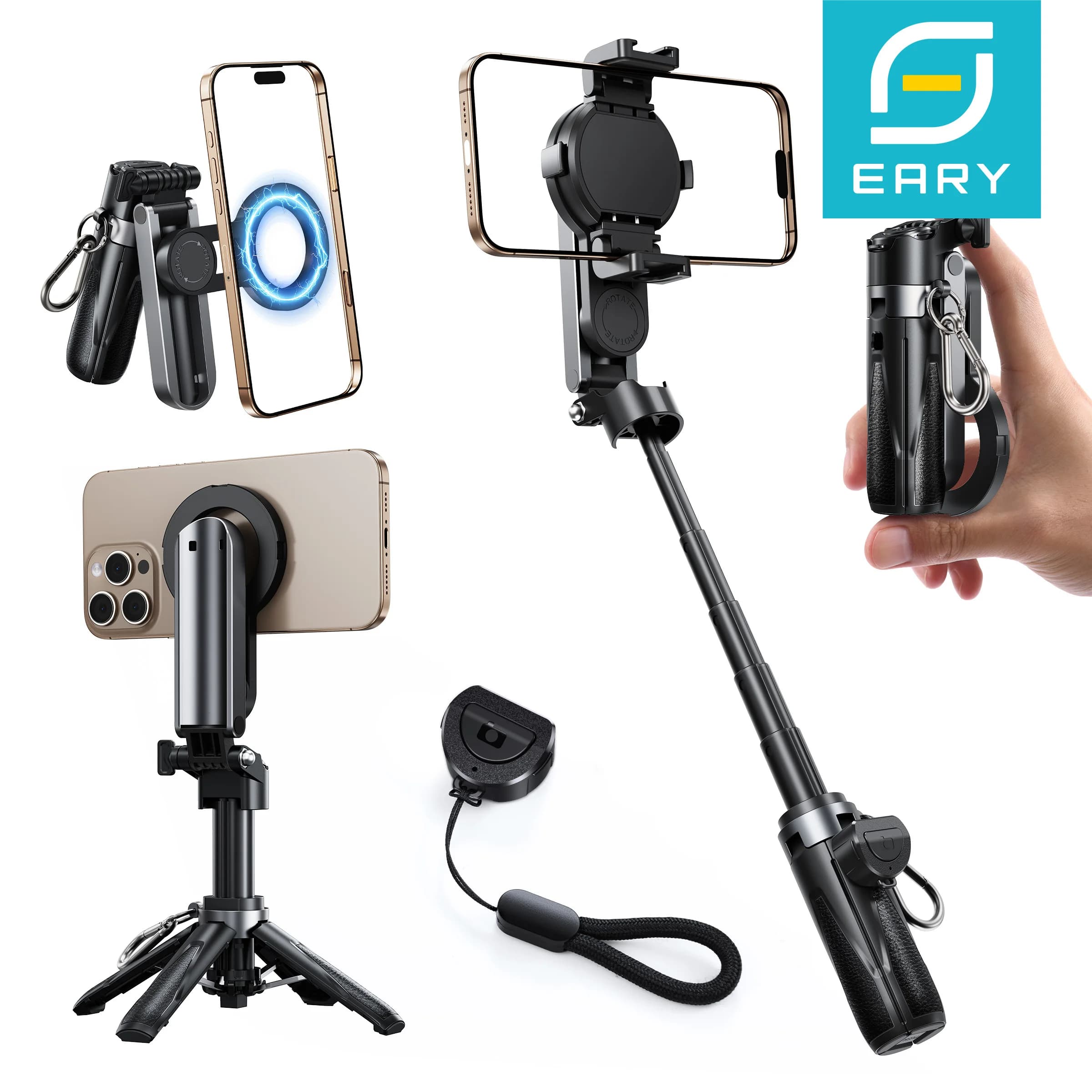 Asta Selfie Estensibile Eary con Telecomando Wireless e Supporto Magnetico per Telefono a 360° ° Supporto Girevole per iPhone 17 16 Samsung S26