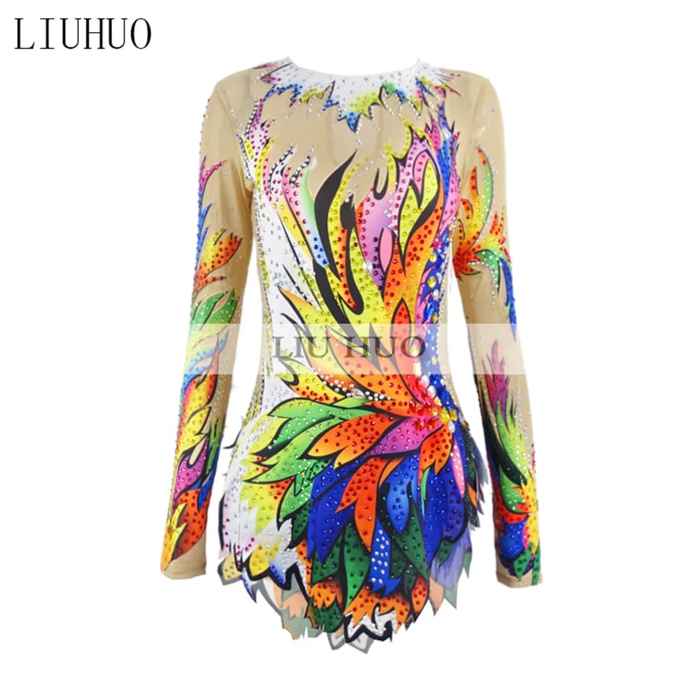 LIUHUO Abito per Pattinaggio Artistico da Donna e Ragazza, Costume da Gara per Ginnastica Ritmica, Leotard Multicolore per Danza BD372