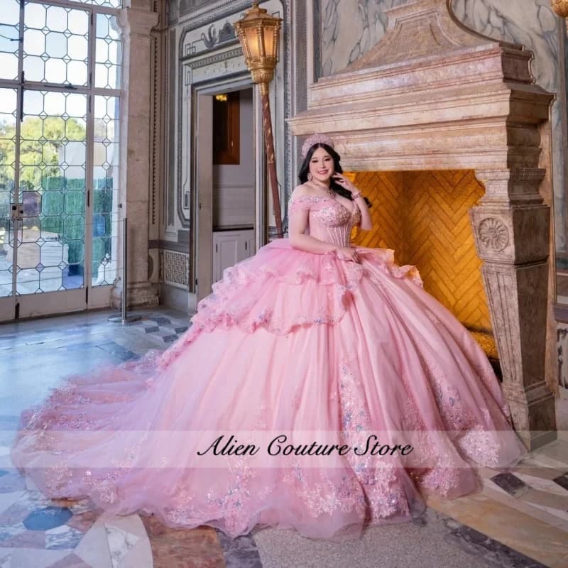 Pink Quinceanera Dress off-shoulder Glitter Crystal Decal Layering Long tail Bow vestidos de 15 Quinceanera Customized
