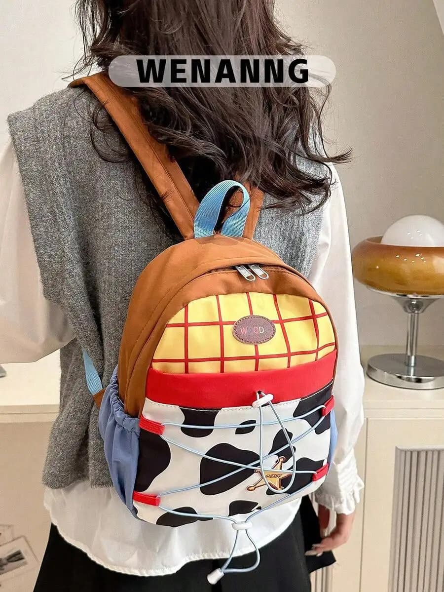 1 Pc Cow Print Backpack College Style Colorblock/Drawstring Design Zipper Closure Lightweight Student Bag, Casual Daypack For Wo