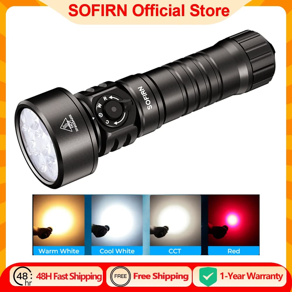 Torcia Subacquea SOFIRN SD11 5000lm, Luce LED Rossa 224m, Batteria 7500mAh Ricaricabile USB-C, Regolabile con Luce Calda