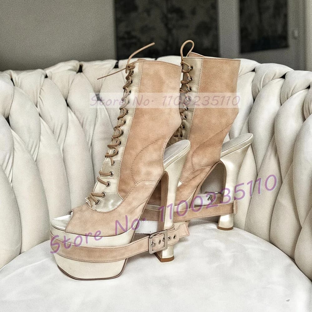 Stivaletti con plateau in pelle scamosciata nuda Donna Chic Party Cinturino con fibbia Peep Toe Scarpe con tacco alto Stivali patchwork con tacco nudo incrociato