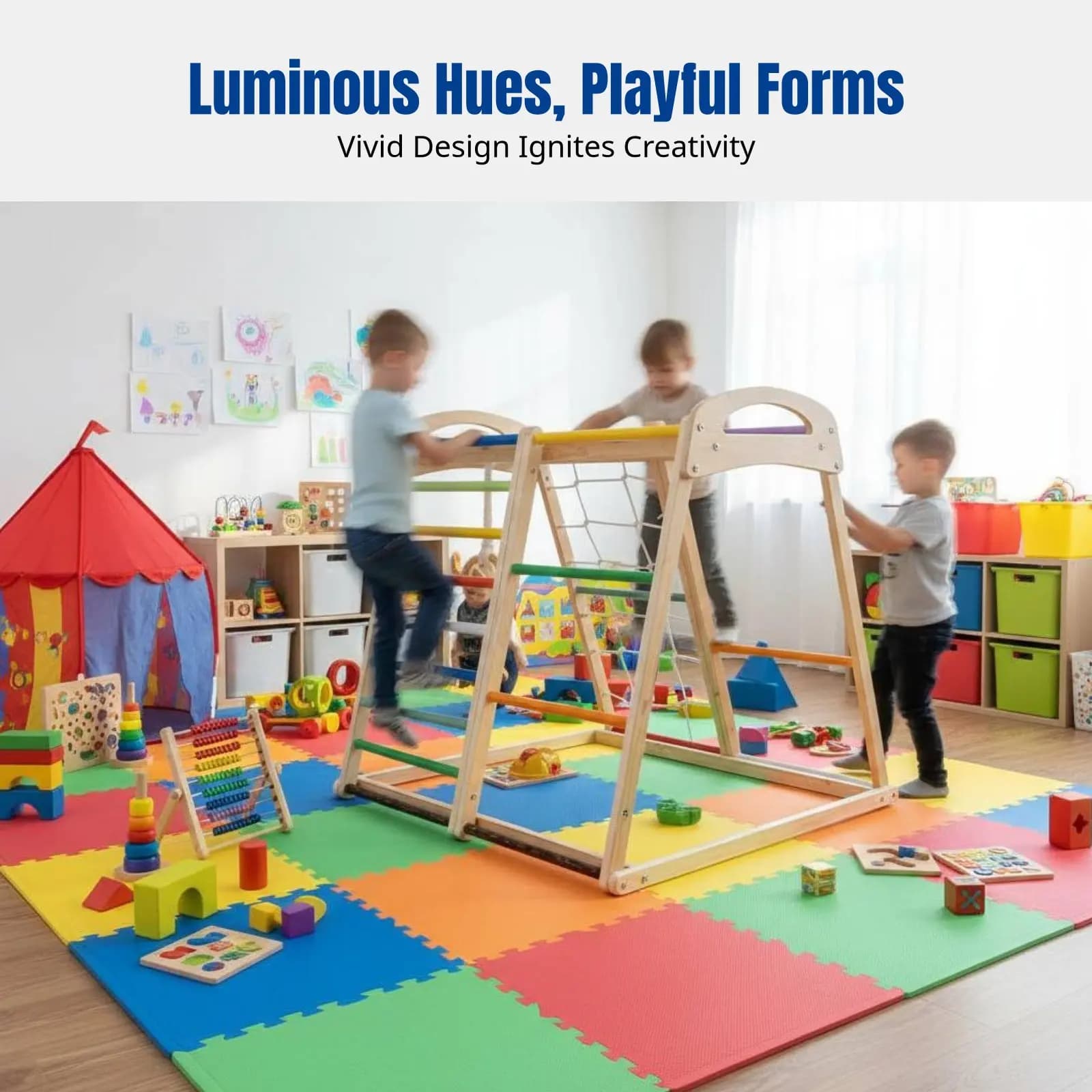 Multifunctional Climbing Structure in Wood, Interior Playground, Slide, Suspended Seat, Children's Rings