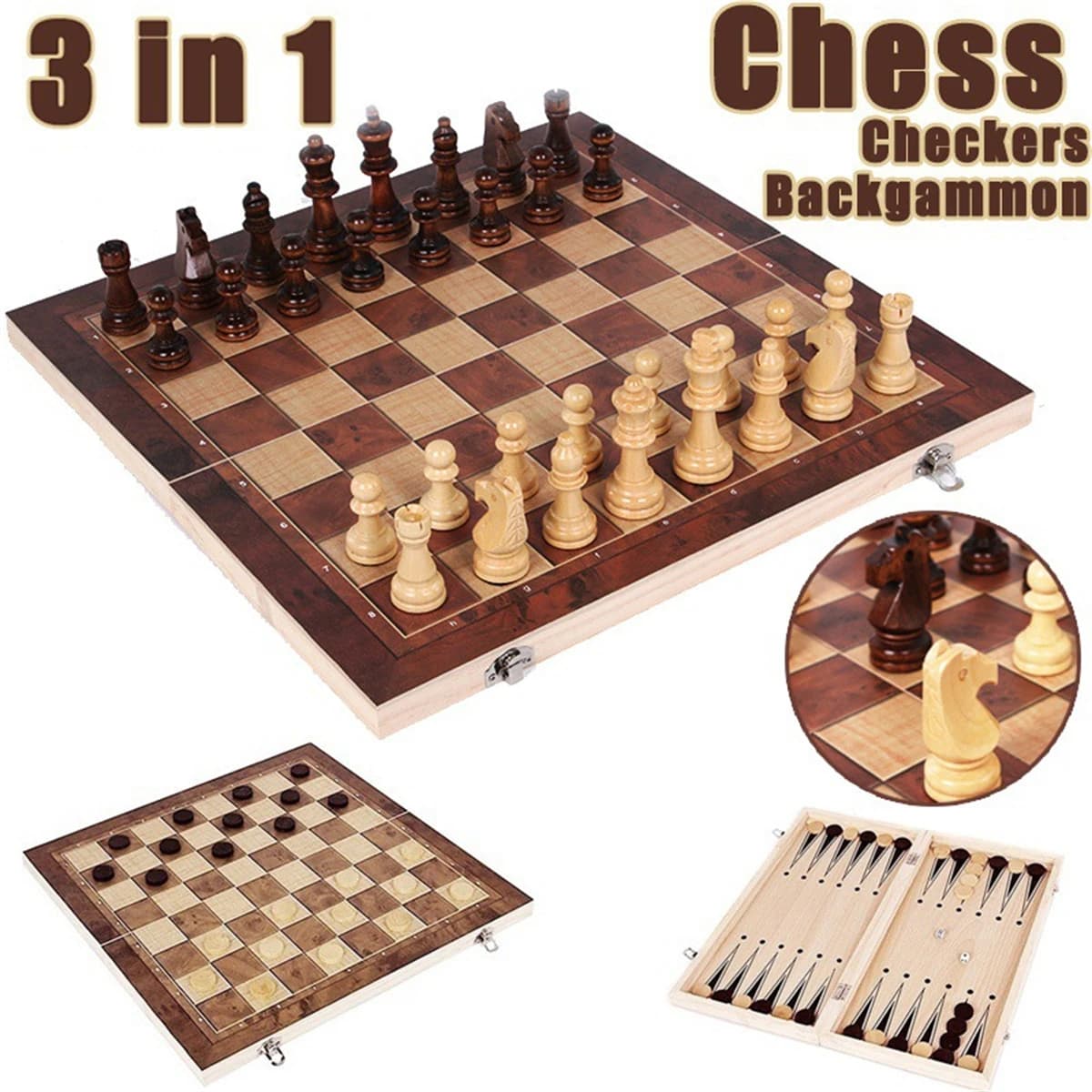 Nuovo Set 3 in 1 di Dama, Backgammon e Scacchi in Legno, Giochi da Tavolo da Viaggio con Scacchiera Pieghevole Portatile
