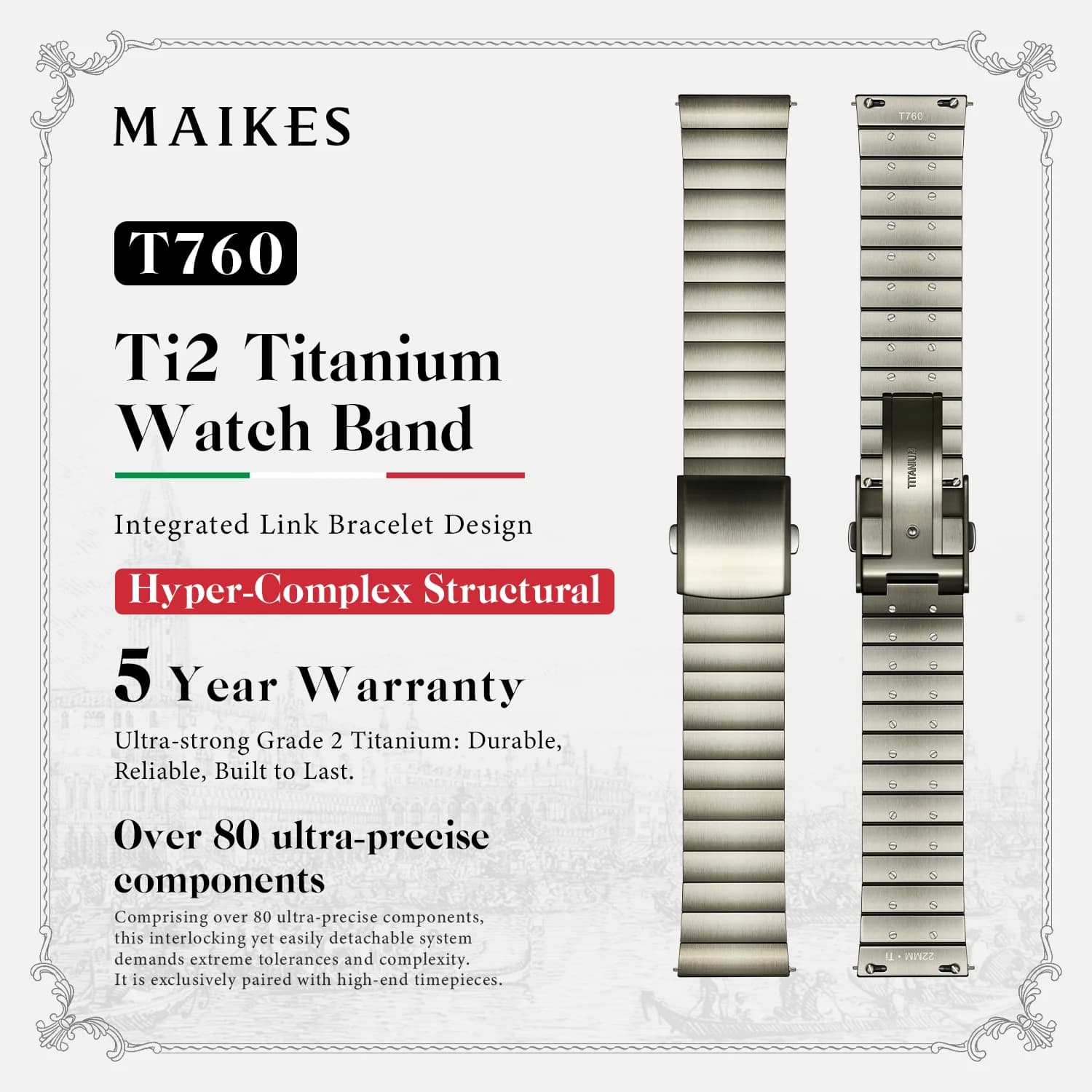 MAIKES T760 Ti2 Cinturino in Titanio Integrato a Maglie, Bracciale a Sgancio Rapido, Accessori per Orologi, Cinturino in Metallo 22mm 24mm