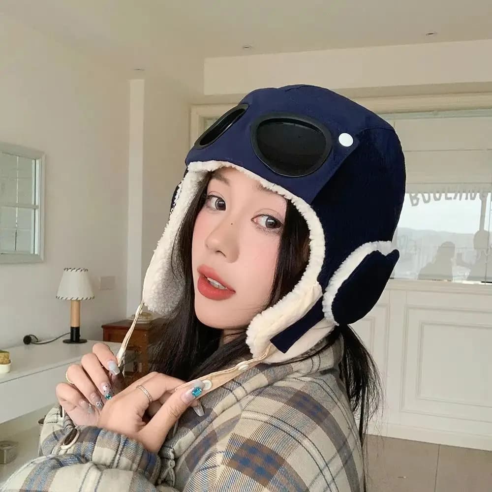 Casual Windproof Winter Pilot Hat With Goggles Beanie Anti Fog Warm Ski Hat Velvet Warm Cycling Lei Feng Hat Outdoor