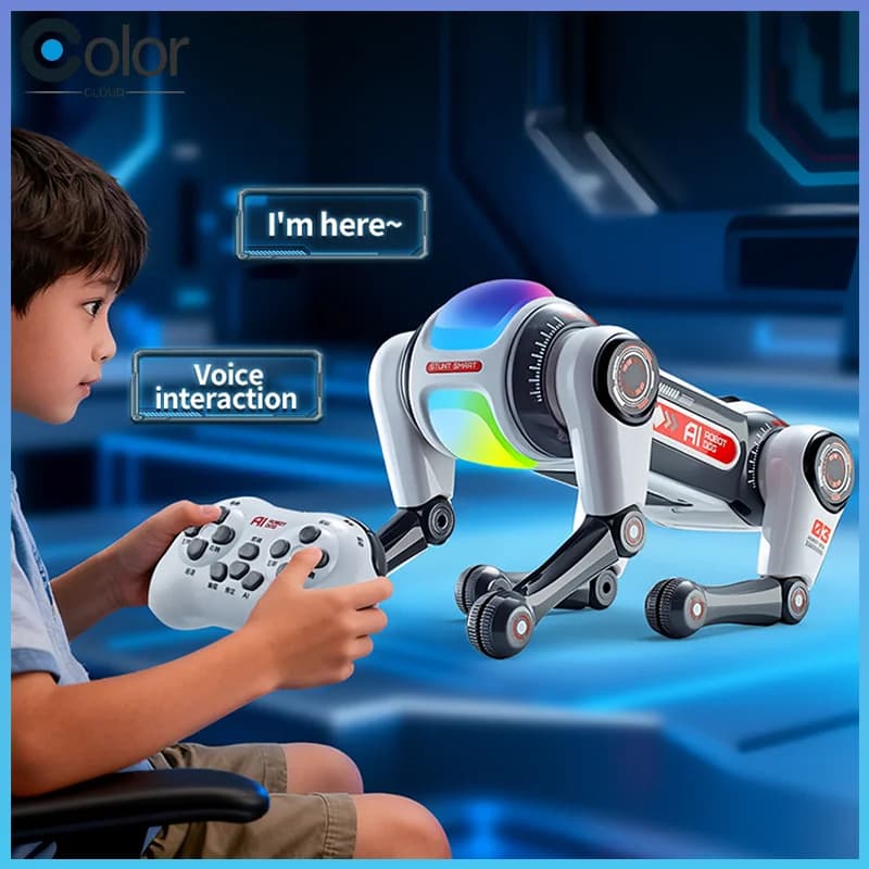 Cane Robot Telecomandato per Acrobazie con Controllo Vocale AI, Doppio Telecomando Programmabile, Giocattolo Interattivo per Bambini e Ragazzi