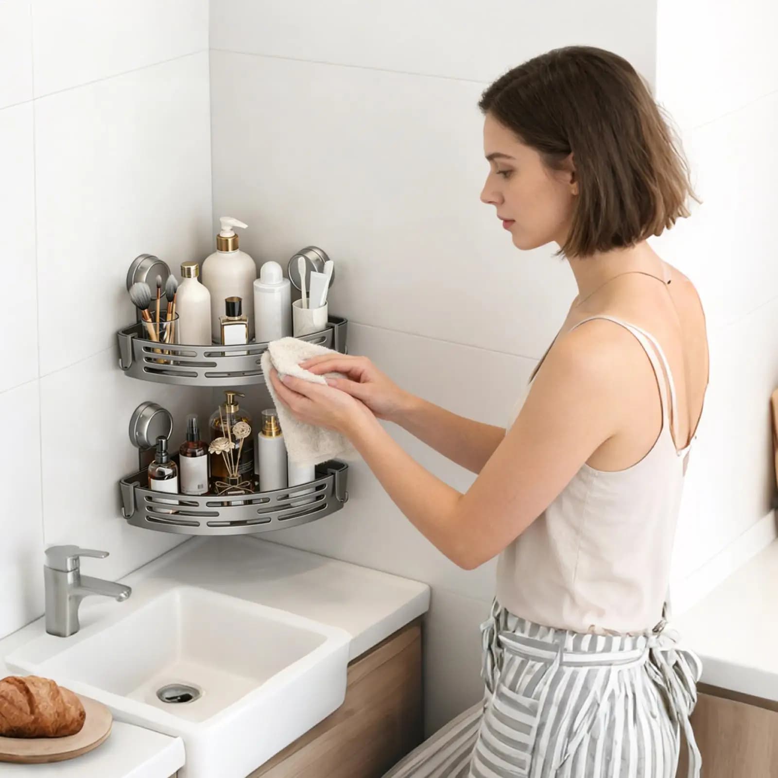 Mensola da bagno con ventosa salvaspazio, nessuna perforazione richiesta, robusto scaffale triangolare con ganci, adatto per doccia e WC
