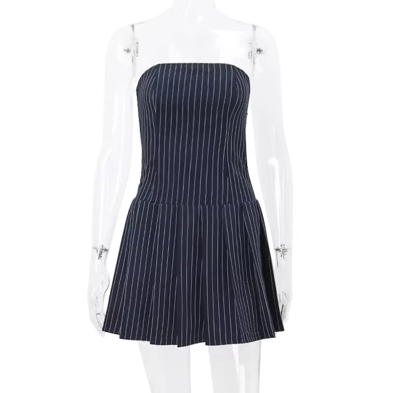 Mini Abito Estivo da Donna Senza Spalline a Righe con Schiena Scoperta e Pieghe per Cocktail, Spiaggia e Streetwear - Abbigliamento Estetico