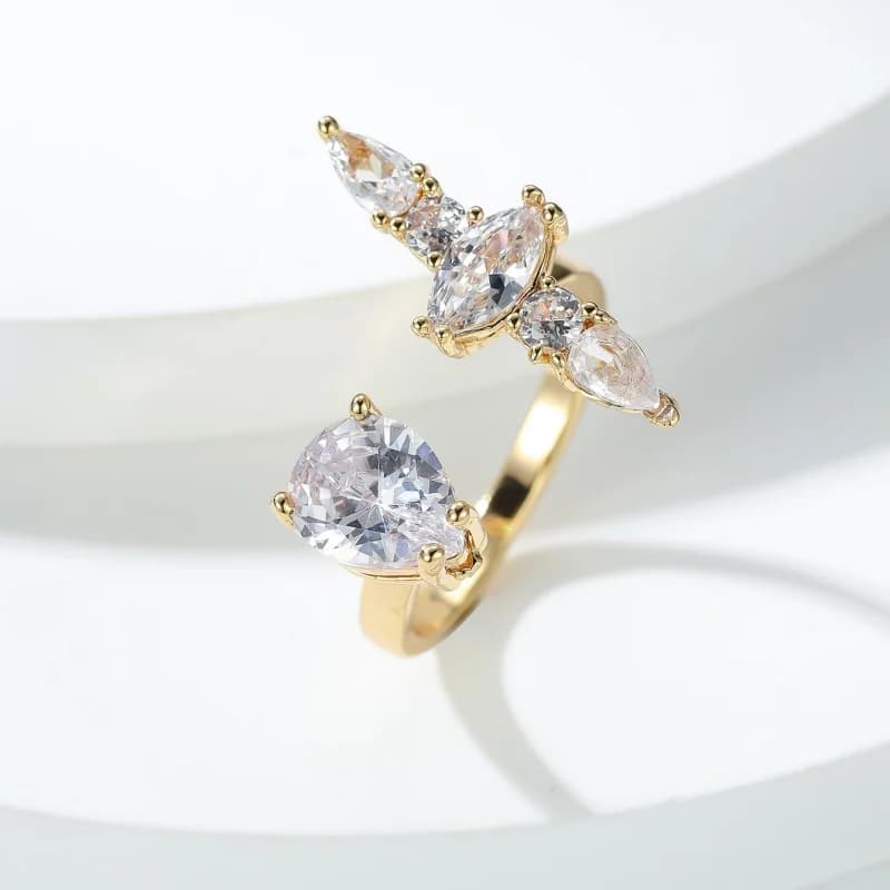 Waterdrop Pear Shaped Zircon Cross Opening Ring for Women, Light Luxury, Asymmetrical, Multi Diamond Adjustable Accessory