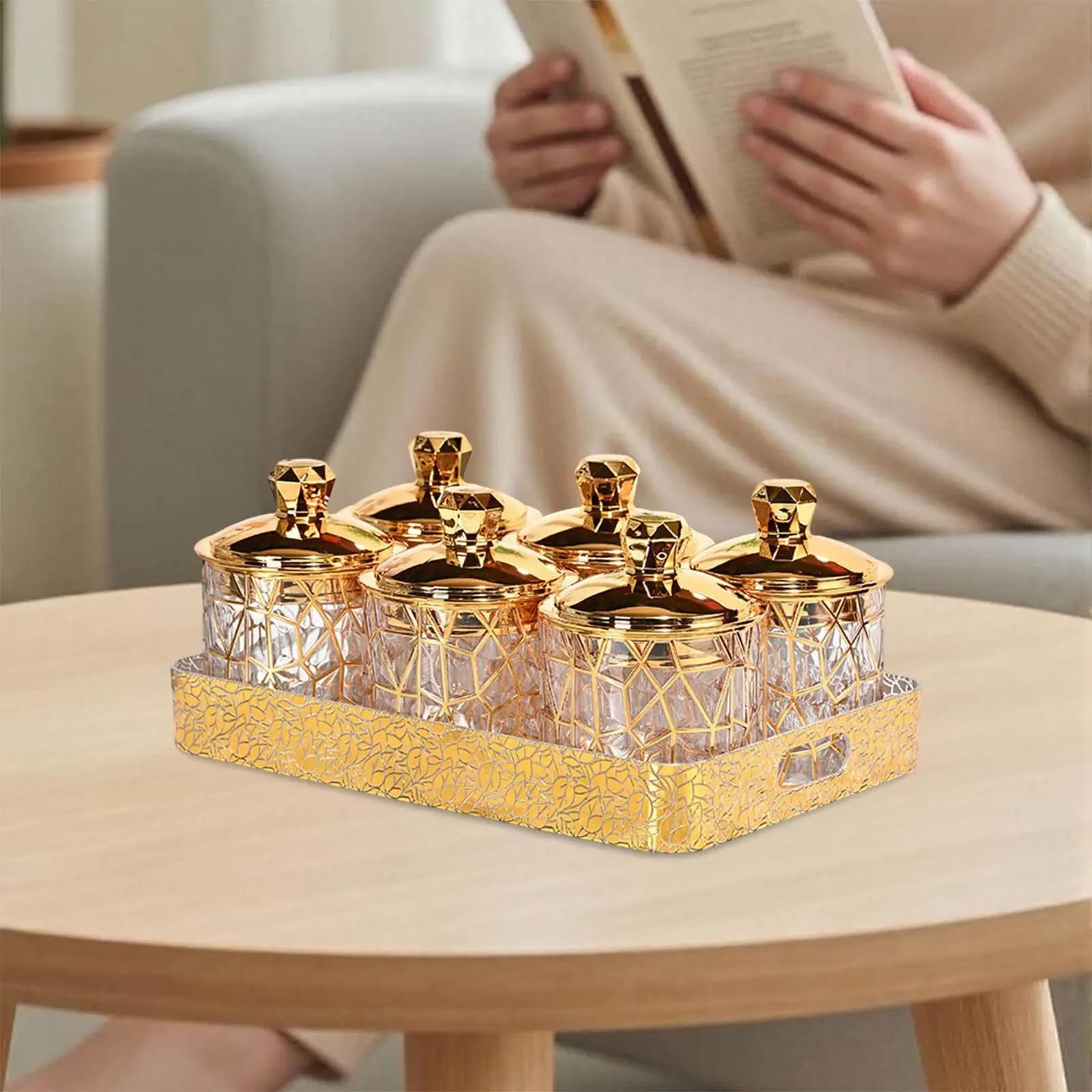 Set di 6 Contenitori Decorativi in Stile Nordico con Vassoio e Coperchi, Barattoli per Conservare Alimenti, Biscotti, Frutta Secca, Noci, Dessert, Chips e Salse