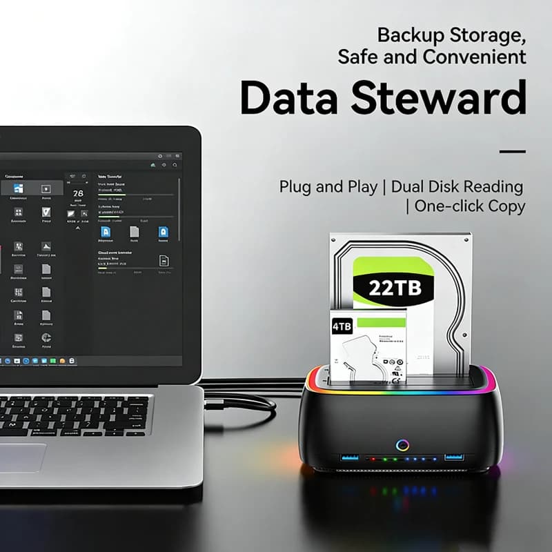 RGB Dual-bay HDD Docking Station SATA to USB 3.0 Adapter for 2.5/3.5 Inch HDD Case One Click Offline Clone Hard Drive Enclosure